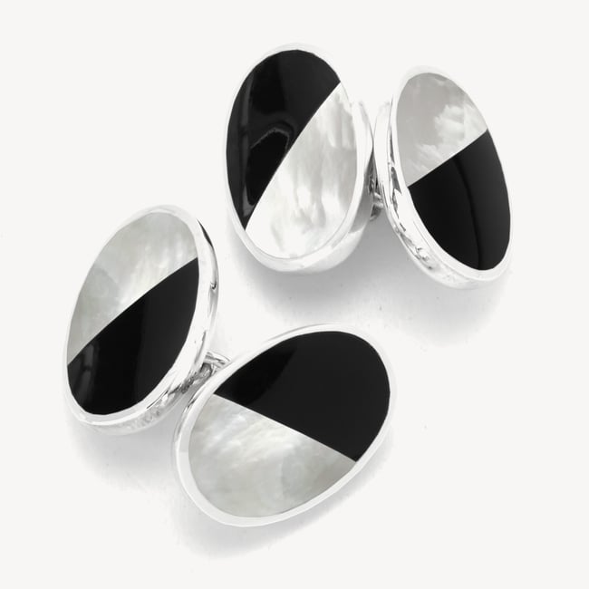 Oval Bicolour Cufflinks Onyx & Mother of Pearl set in Sterling Silver 925