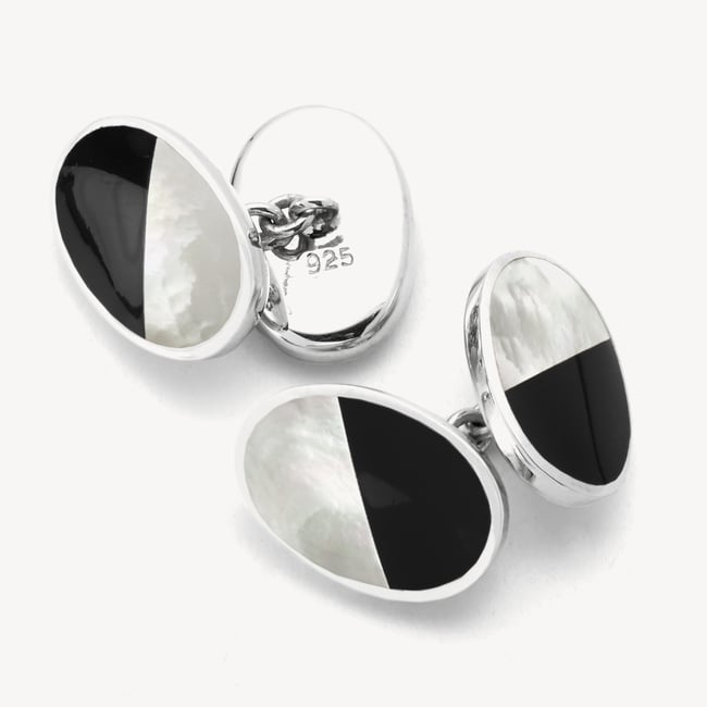 Oval Bicolour Cufflinks Onyx & Mother of Pearl set in Sterling Silver 925