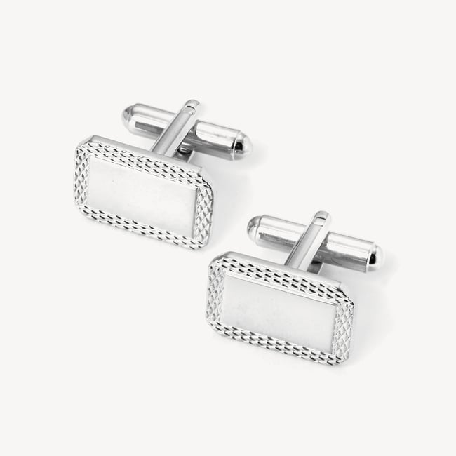 Engraved Edge Rectangular Personalised Cufflinks Rhodium Plated