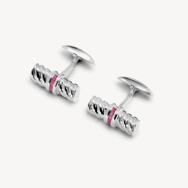 Sterling Silver & Gemset Barrel Twist Cufflinks Rubies set in Sterling Silver 925