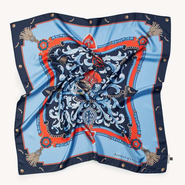 Aspinal Signature Shield Silk Scarf Navy & Burnt Sienna Pure Silk