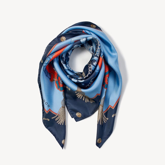 Aspinal Signature Shield Silk Scarf Navy & Burnt Sienna Pure Silk