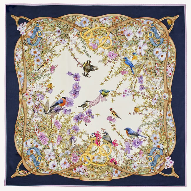 Edwardian Garden Silk Scarf Navy Pure Silk