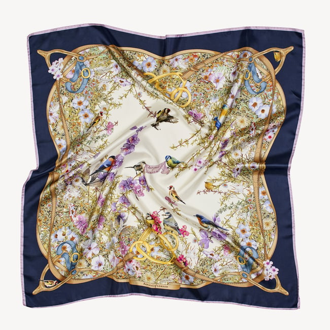 Edwardian Garden Silk Scarf Navy Pure Silk