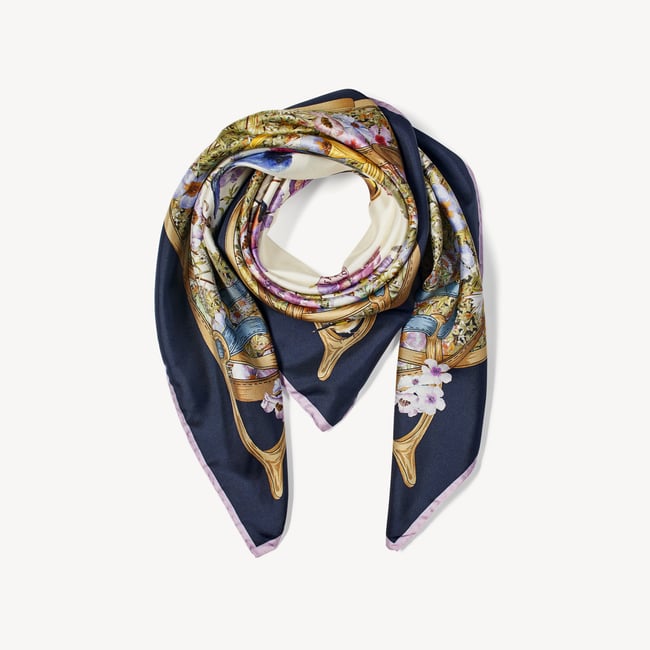 Edwardian Garden Silk Scarf Navy Pure Silk