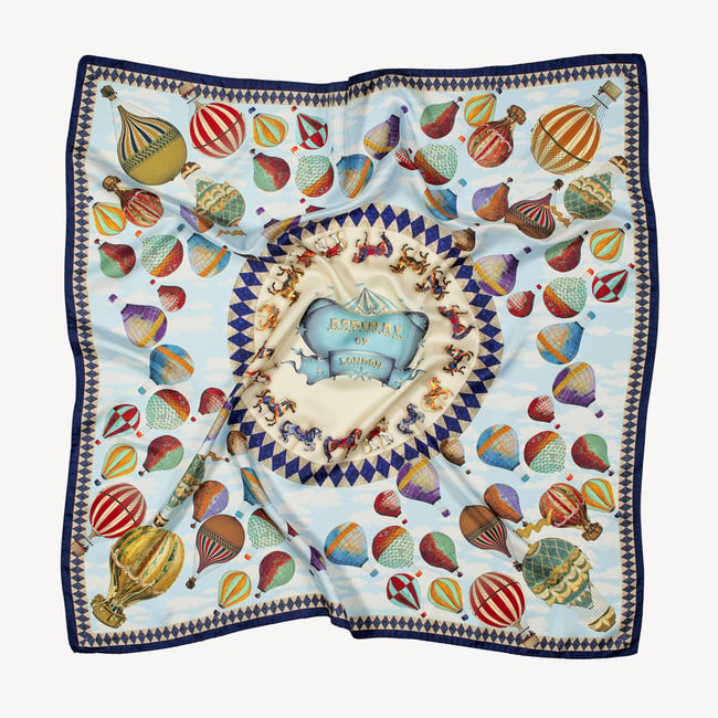Hot Air Balloon Silk Scarf Navy Pure Silk