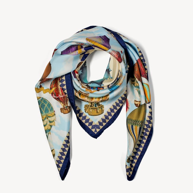 Hot Air Balloon Silk Scarf Navy Pure Silk