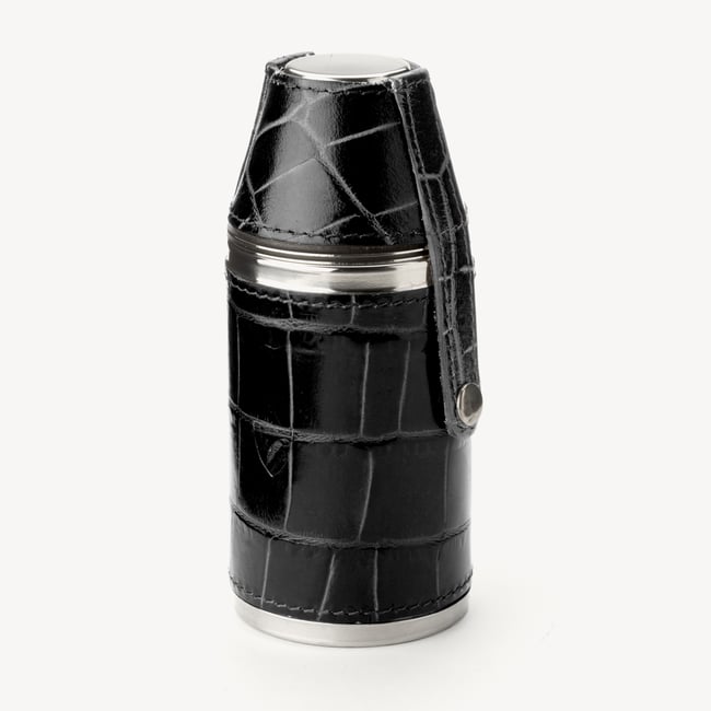 6oz Hunter Leather Flask Deep Shine Black Croc & Cobalt Blue Suede