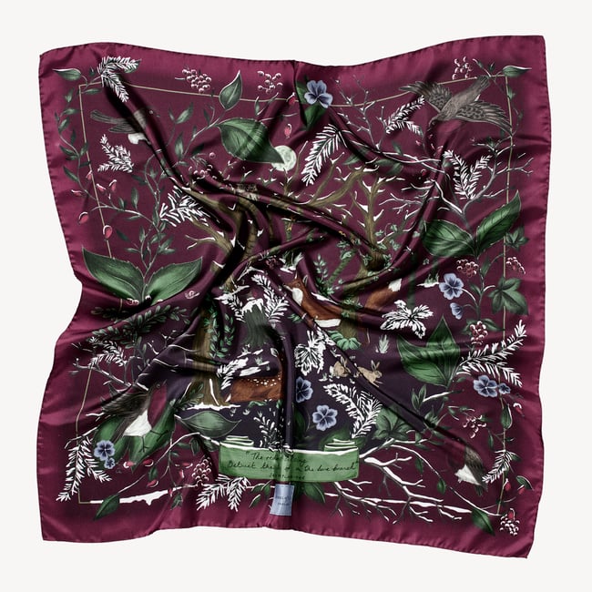 Woodland Silk Scarf Burgundy Pure Silk
