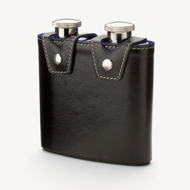Double 6oz Leather Hip Flask Smooth Black & Cobalt Blue Suede