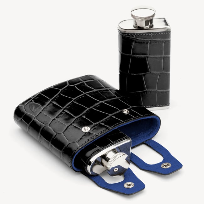 Double 6oz Leather Hip Flask Deep Shine Black Croc & Cobalt Blue Suede