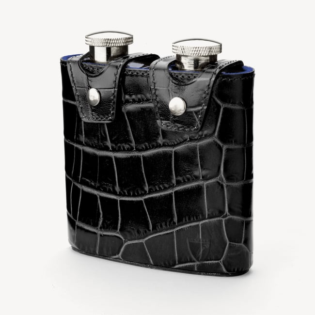 Double 6oz Leather Hip Flask Deep Shine Black Croc & Cobalt Blue Suede