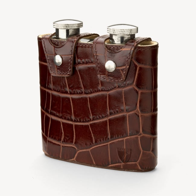 Double 6oz Leather Hip Flask Deep Shine Amazon Brown Croc