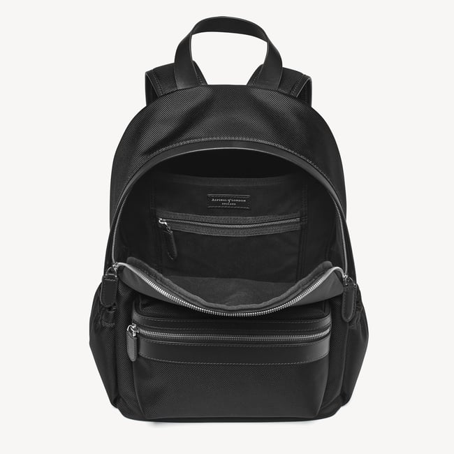 Men's Backpack Black Nylon Canvas with Leather Trim