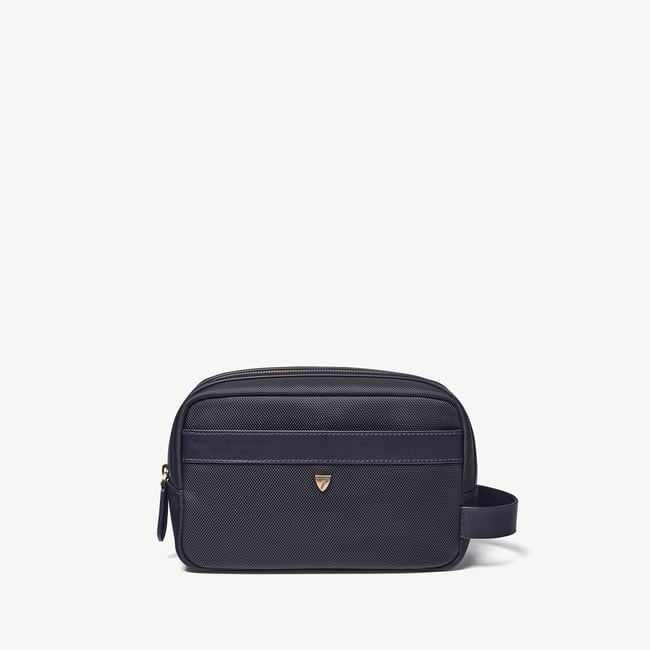 Men's Wash Bag Navy Nylon Canvas with Leather Trim