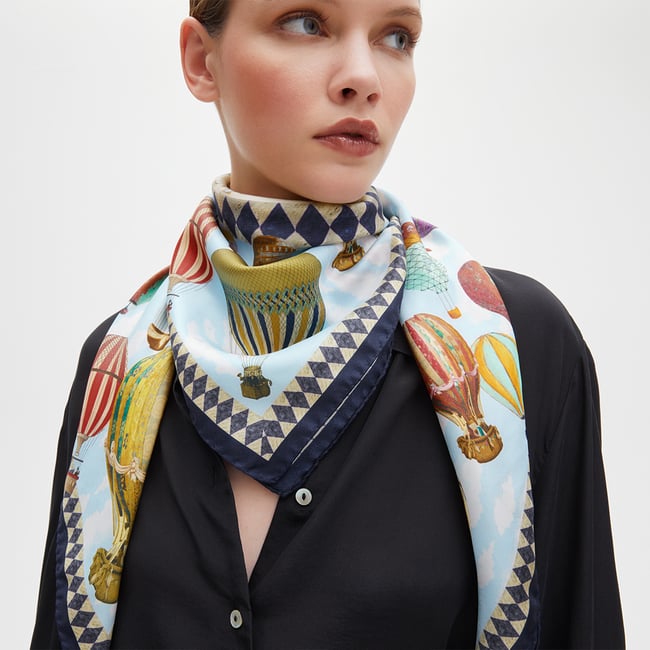 Hot Air Balloon Silk Scarf Navy Pure Silk