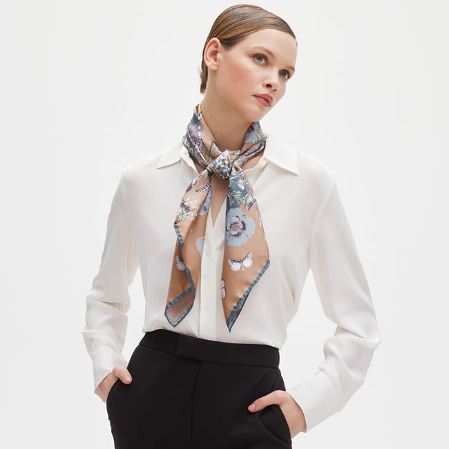 Botanical 'A' Silk Scarf Latte Pure Silk