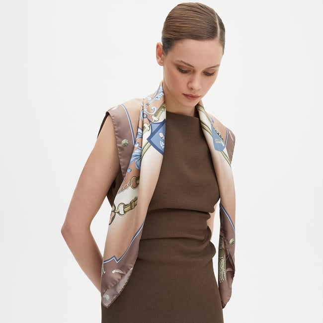 Aspinal Signature Shield Silk Scarf Latte Pure Silk
