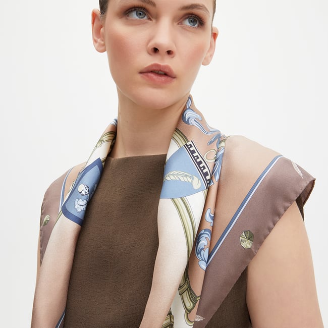 Aspinal Signature Shield Silk Scarf Latte Pure Silk