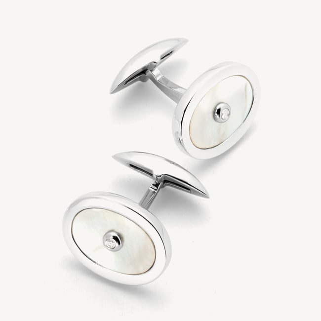 Diamond Sterling Silver Oval Cufflinks Mother of Pearl & Sterling Silver 925