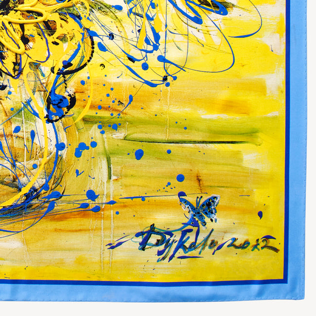 Sunflowers & Butterflies Silk Scarf Yellow & Blue Pure Silk