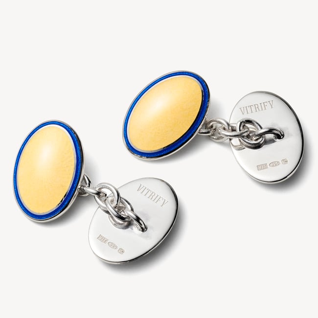 Vitreous Enamel Cufflinks Navy & Yellow Enamel set in Sterling Silver 925