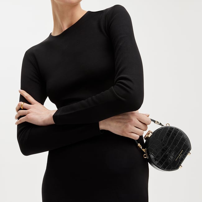 Micro Hat Box Black Patent Croc