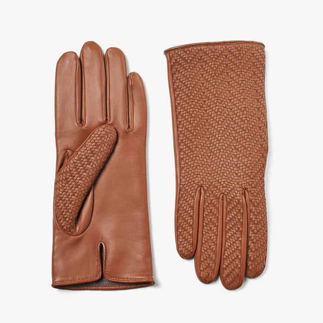 Women's Chevron Woven Leather Gloves Tan Nappa