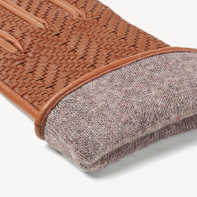Women's Chevron Woven Leather Gloves Tan Nappa