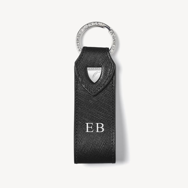 Small Leather Loop Keyring Black & Green Saffiano