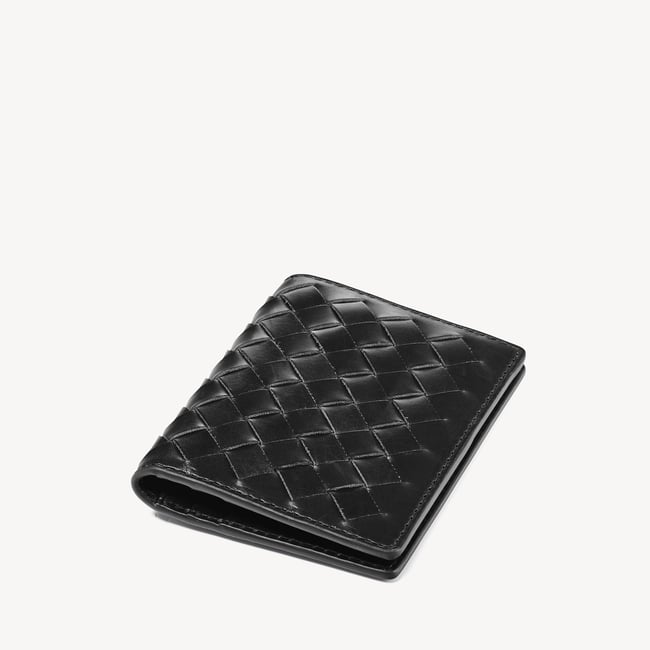 Double Fold Credit Card Holder Black Woven Leather