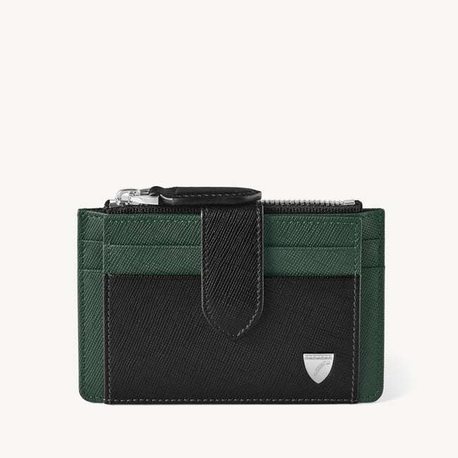 Zipped RFID Card Holder Black & Green Saffiano
