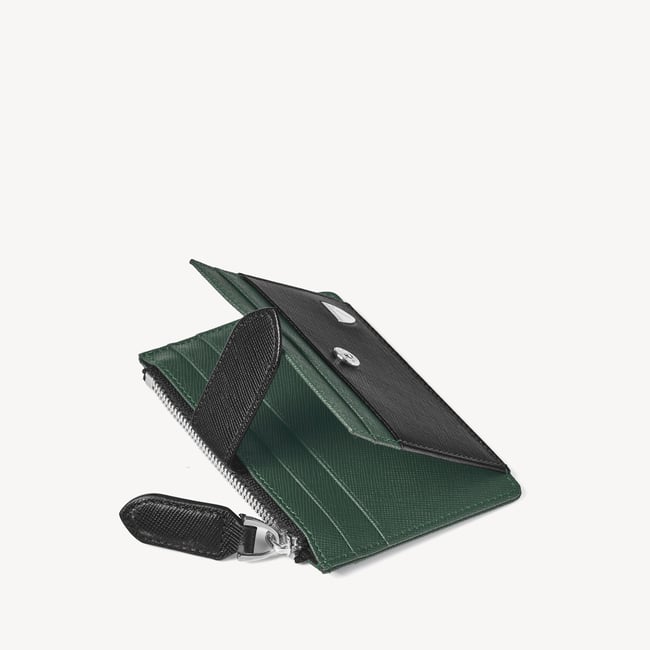 Zipped RFID Card Holder Black & Green Saffiano