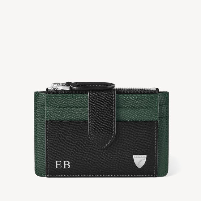 Zipped RFID Card Holder Black & Green Saffiano
