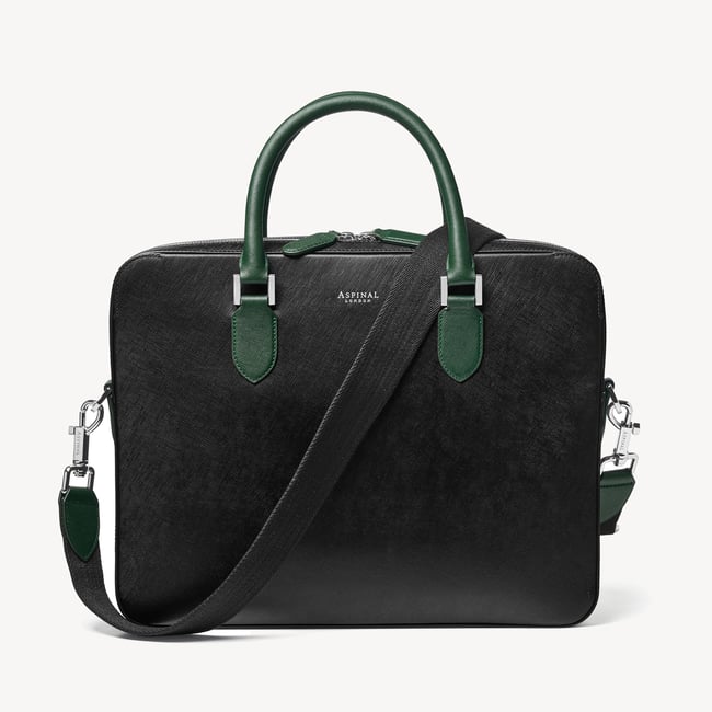 Slim Leather Briefcase Black & Green Saffiano