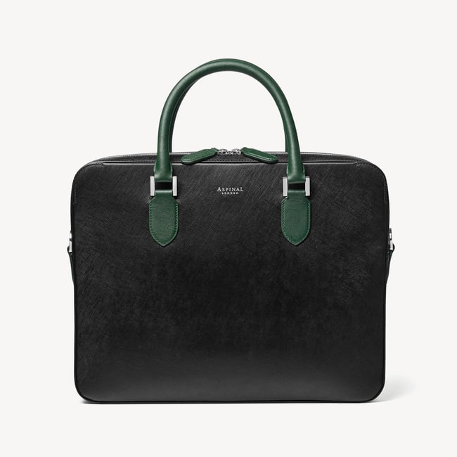 Slim Leather Briefcase Black & Green Saffiano