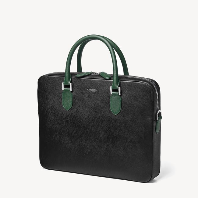 Slim Leather Briefcase Black & Green Saffiano
