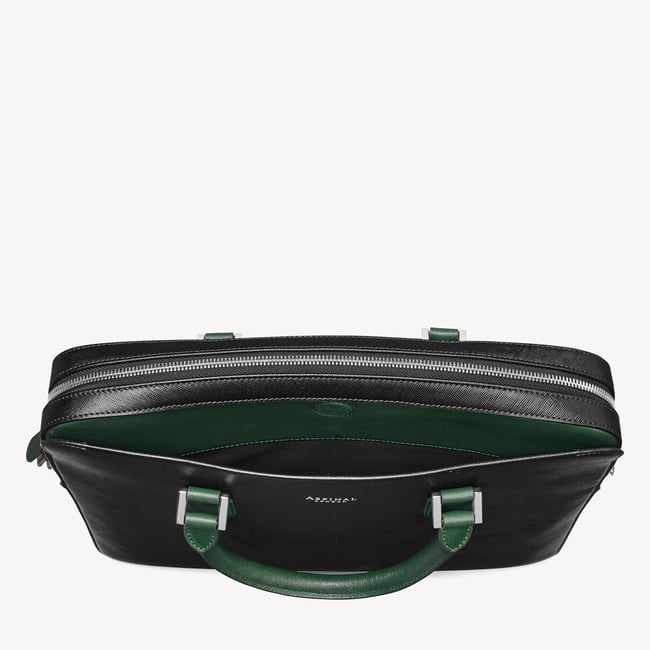 Slim Leather Briefcase Black & Green Saffiano