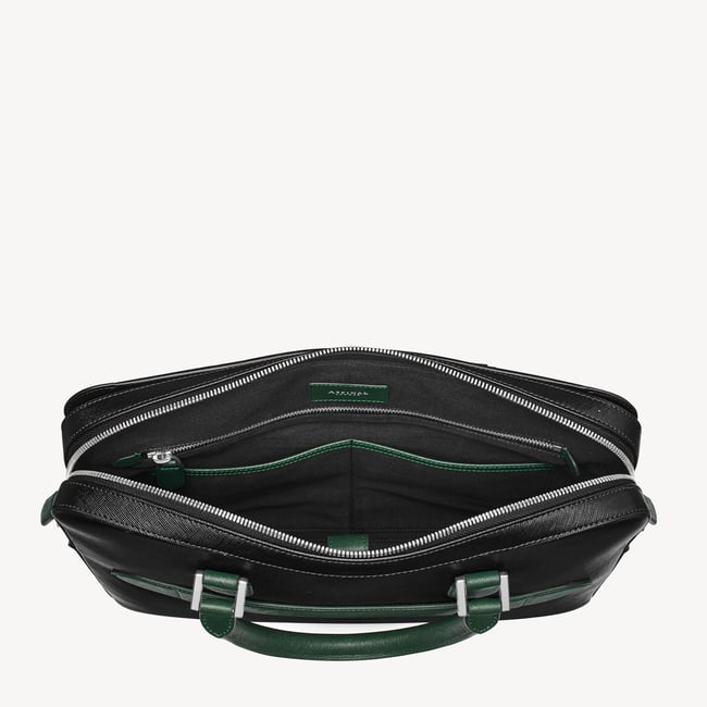 Slim Leather Briefcase Black & Green Saffiano