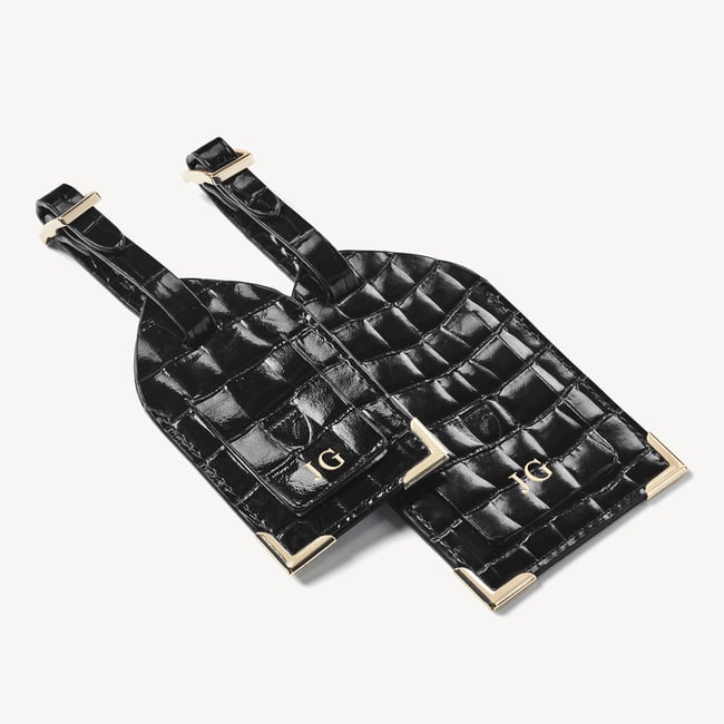 Set of 2 Luggage Tags Black Patent Croc