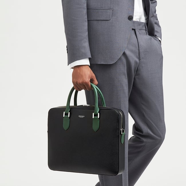 Slim Leather Briefcase Black & Green Saffiano