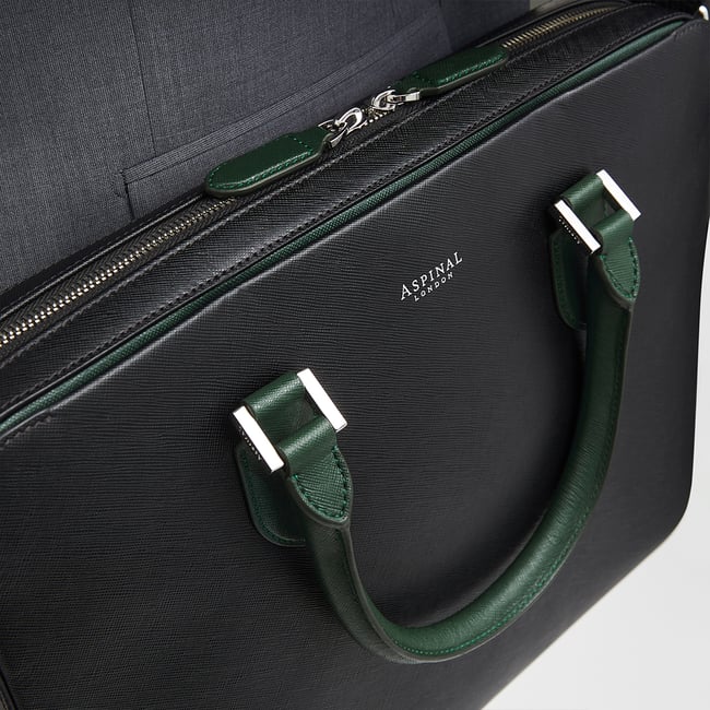 Slim Leather Briefcase Black & Green Saffiano