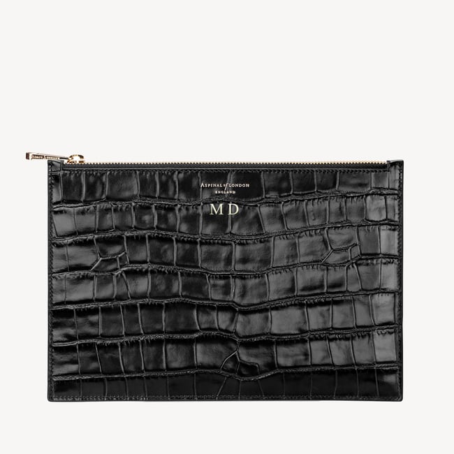 Large Essential Flat Pouch Deep Shine Black Croc