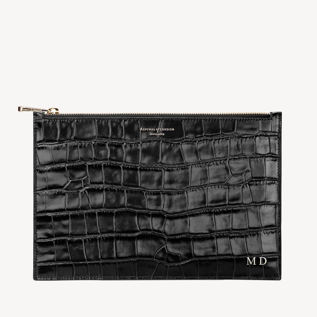 Large Essential Flat Pouch Deep Shine Black Croc