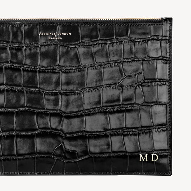 Large Essential Flat Pouch Deep Shine Black Croc