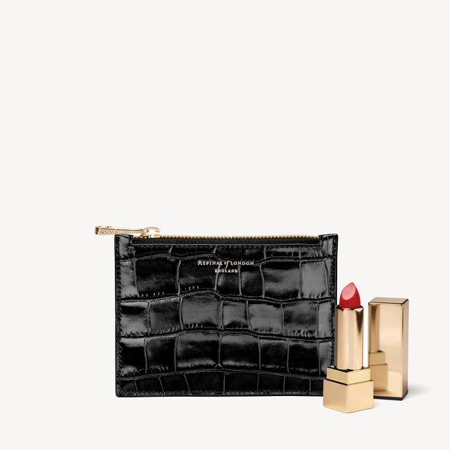 Small Essential Flat Pouch Deep Shine Black Croc
