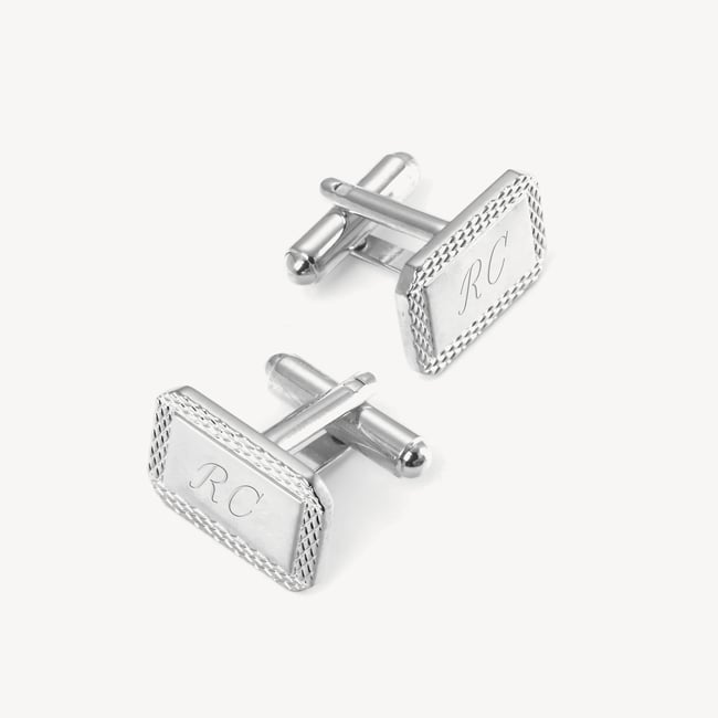 Engraved Edge Rectangular Personalised Cufflinks Rhodium Plated