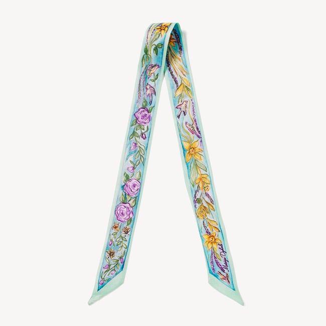 Green Rose Skinny Silk Scarf Mint Floral Pure Silk