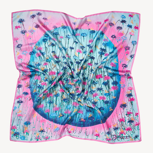 Our Planet of Bees Silk Scarf Candy Pink & Cornflower Blue Pure Silk