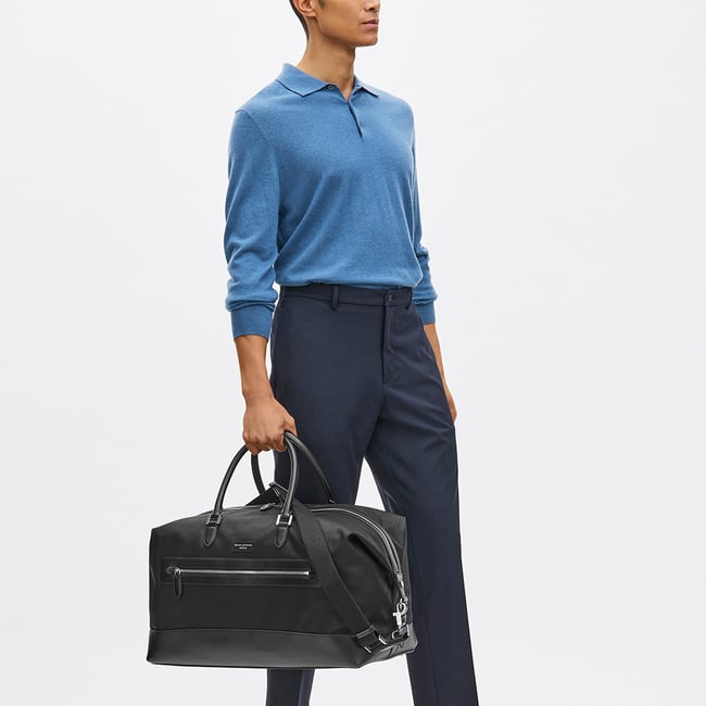 Men's Holdall Black Nylon Canvas with Leather Trim